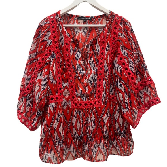 Anthropologie Daniel Rainn Red Orange Tribal Crochet Bell Sleeves Peasant Blouse - Picture 2 of 6